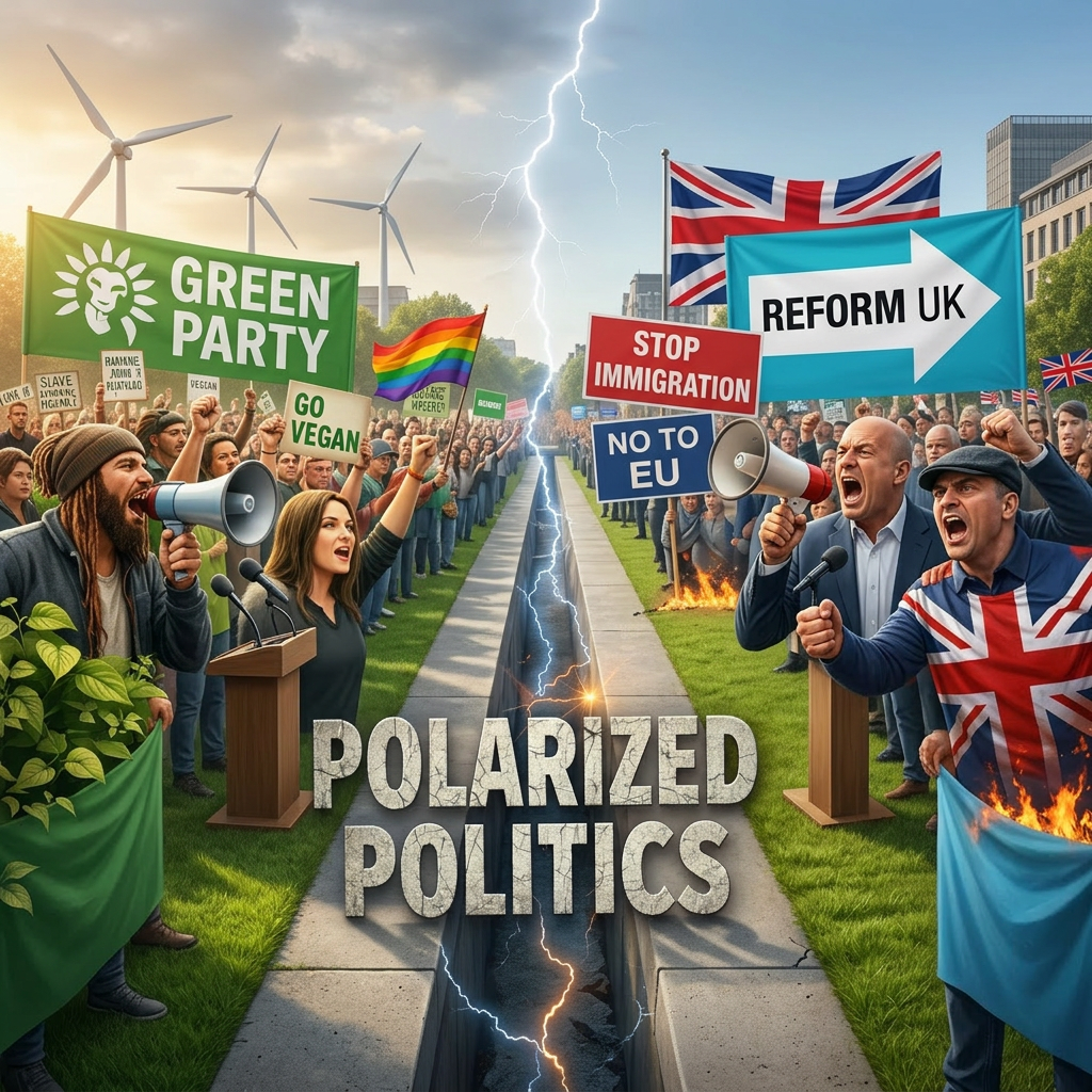 Green Party supporters and Reform UK supporters divided by a deep chasm with protest signs and flags