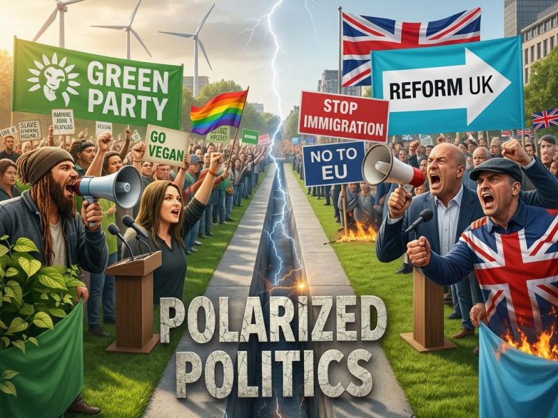 Ĉu Britio eniras novan politikan epokon? Verduloj progresas dum la dekstra populismo&nbsp;kreskas