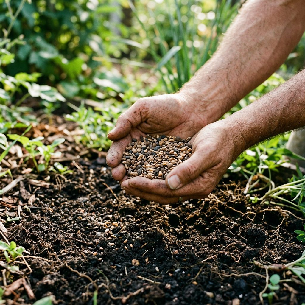 Hands holding seeds over dark, fertile garden soil with plants around