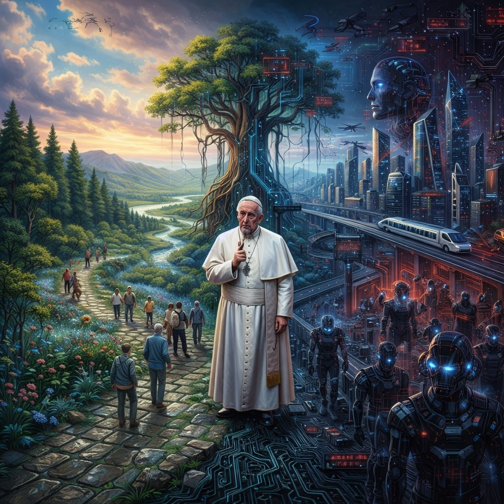 Religious figure standing at a crossroads between a natural landscape and a futuristic digital city