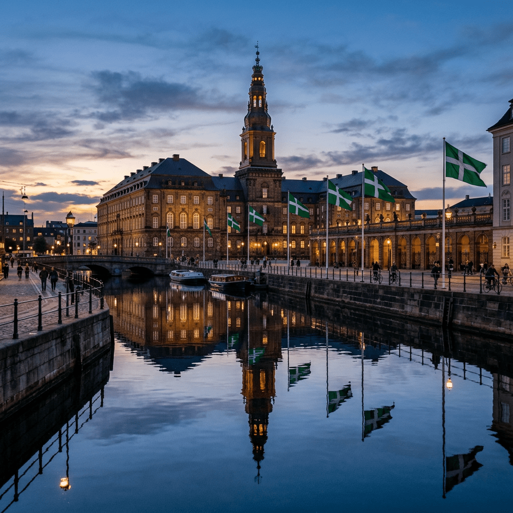 Christiansborg Palace and canal with green and white flags at dusk